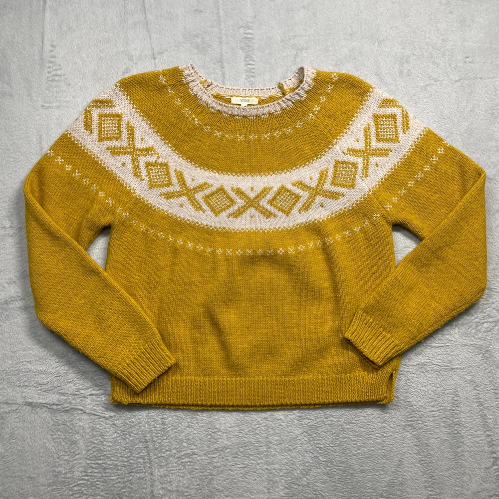 Yerse Fair Isle Wool Sweater Women XS Mustard Yellow Crew Neck Pullover
